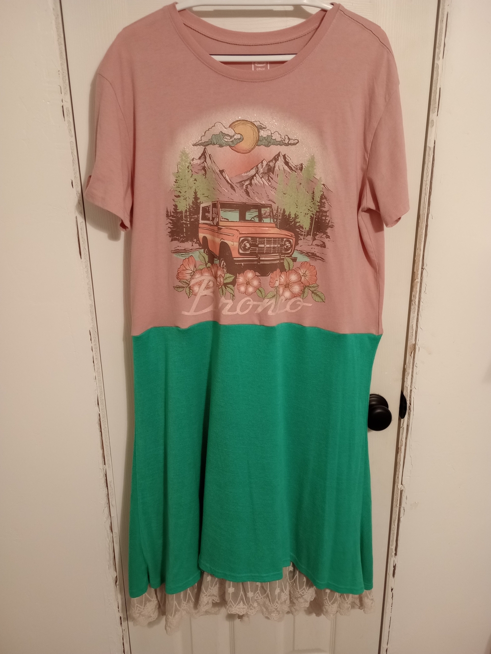 Two-Tone Pink and Teal Midi Dress with Graphic Truck Detail